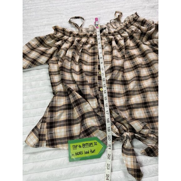 New Glory Off The Shoulder Crop Front Tie Knot Button Brown Peach Plaid WM 2X - Picture 13 of 16